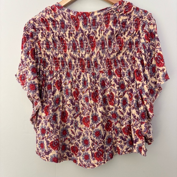 Free People Printed Ruffled Up Top-Peach Floral Combo-Small-Linen Blend-Boho - Picture 5 of 5